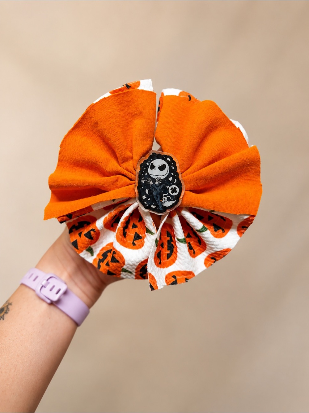 Orange Pumpkin Bow Hair Clip with Jack Skellington Accent - Kids Accessories
